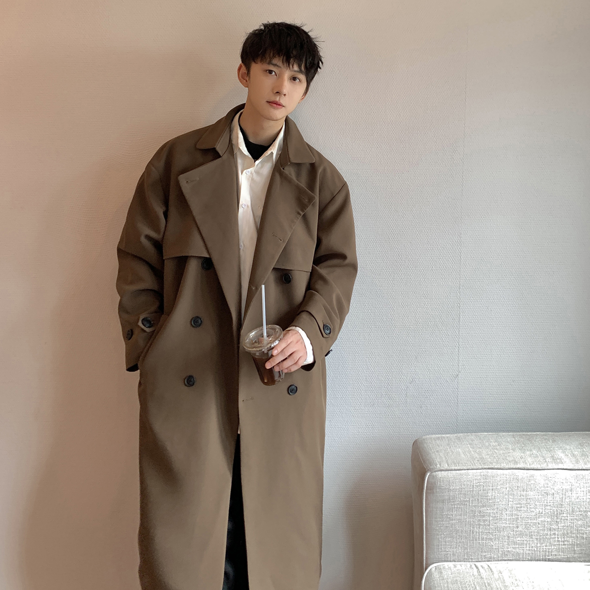 韓国風ウインドブレーカーメンズロングトレンディルーズオーバーニー英国ダブルブレストジャケット