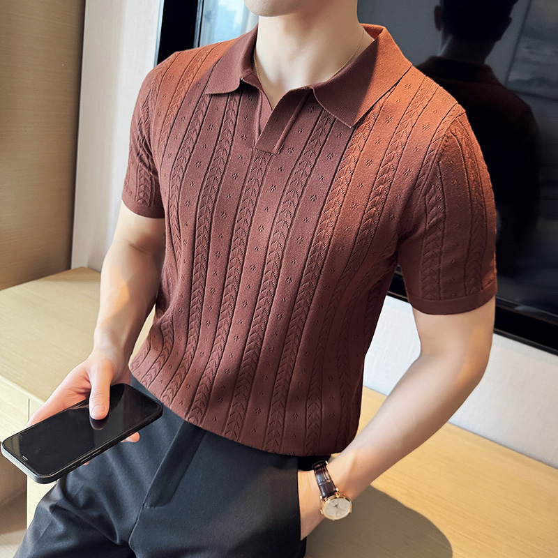 メッシュホール中空ストライプジャガードニット半袖Tシャツ Vネック無地ポロシャツ