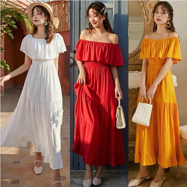 リゾートワンピース 大人可愛い 夏ワンピース オフショルダー ワンピース 白 赤 黄 ハワイアン 沖縄 無地