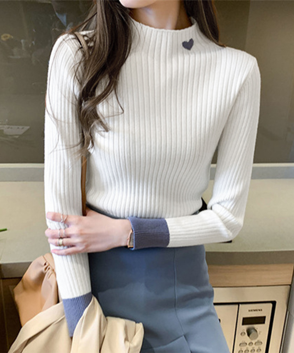 ニットトップス プチハイネック 配色